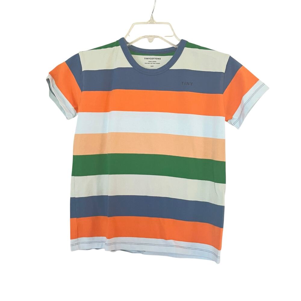 Tinycottons Stripes Logo Tee Papaya Organic Cotton Multicolor Kids Shirt Sz 10
